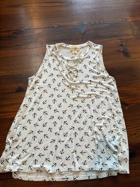 Wishful Park White Tank with Navy Anchor Print and Lace-Up V-Neck